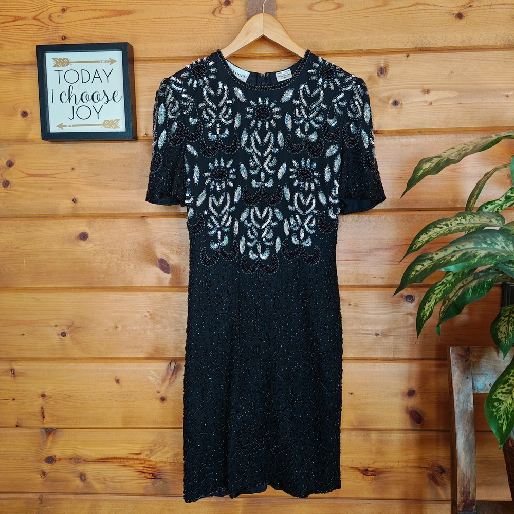 Night Vogue Vintage 80s Black Floral Bead Silver Sequin‎ 100% Silk Party Dress S